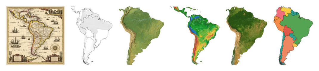 South America map set including antique, outline, physical, elevation, satellite, and political styles isolated. Geography and travel collection.