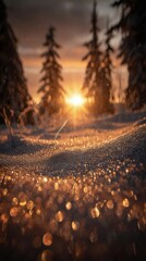 Winter Sunset Sparkle On Snowy Forest Floor
