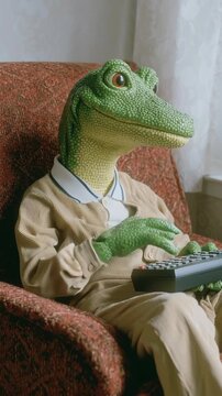 a stuffed green frog character sitting in a chair, wearing a sweater and holding a remote control.