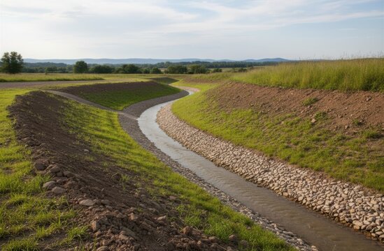 Medium shot of a graded drainage channel demonstrating sloped terrain management to direct surface runoff and prevent water accumulation.