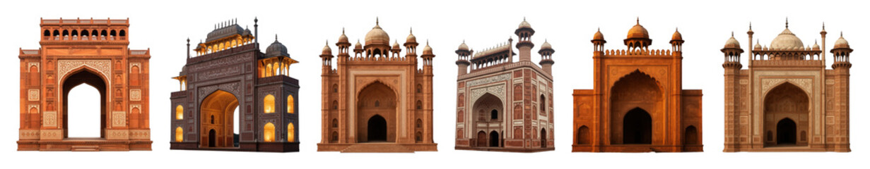 Fototapeta premium Indian architectural gates set including diverse styles and designs isolated. Historical and cultural heritage collection.