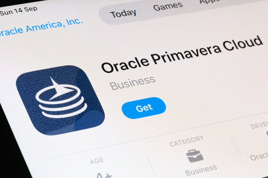 Oracle Primavera Cloud App Store listing on iPhone emphasizes project management, portfolio management and data driven analytics in business operations. Stafford, United Kingdom, September 14, 2025