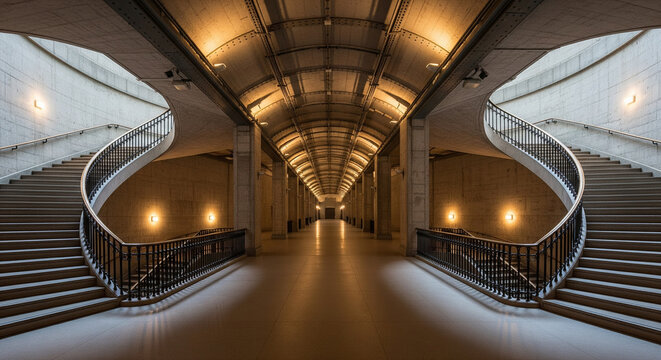 A striking symmetrical interior shot showcasing a long, vaulted concrete corridor with two elegant, curving staircases on either side - Powered by Adobe