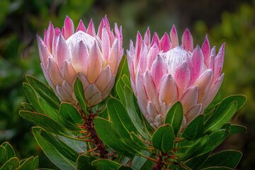 Two vibrant king protea flowers in a close-up shot.