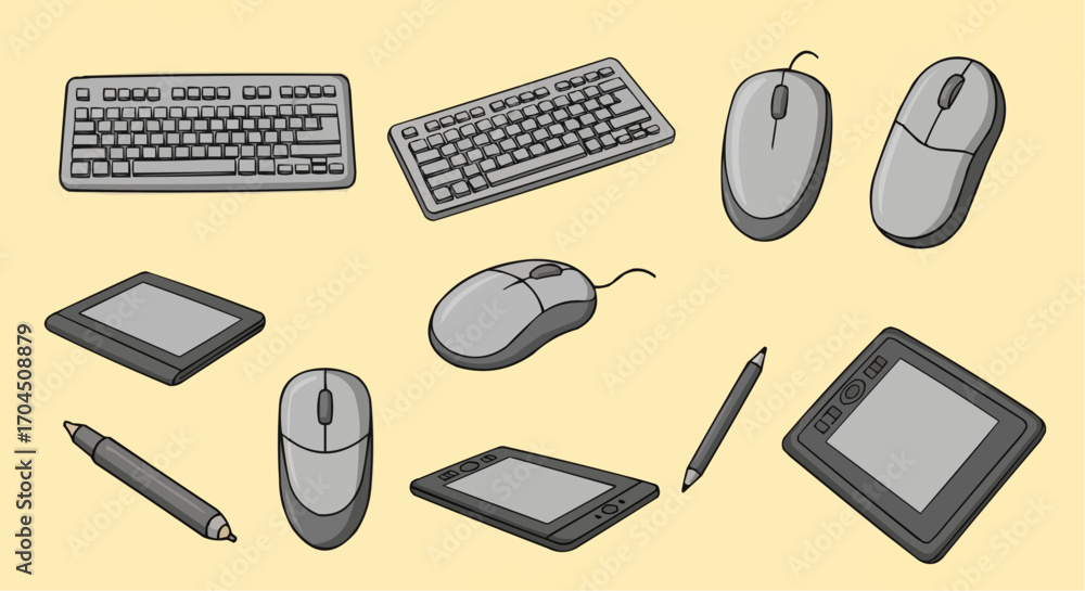 Fototapete illustration of computer peripherals keyboard mouse graphic tablet stylus input devices for digital 