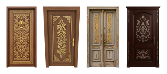 Ornate wooden doors set including gold patterned, aged grey, and dark carved with silver accents isolated. Architectural and interior design elements.