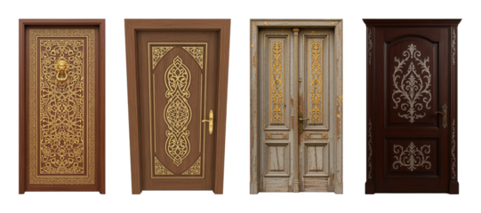 Ornate wooden doors set including gold patterned, aged grey, and dark carved with silver accents isolated. Architectural and interior design elements.
