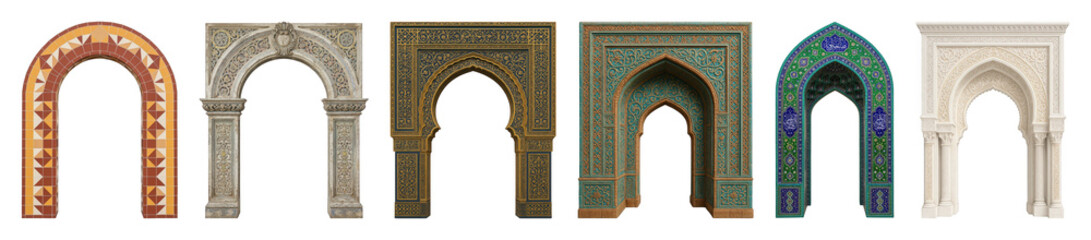 Obraz premium Ornate architectural arches set including Moroccan, Islamic, and Middle Eastern designs isolated. Ancient and cultural entryway elements.
