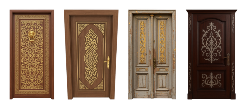 Ornate wooden doors set including gold patterned, aged grey, and dark carved with silver accents isolated. Architectural and interior design elements.
