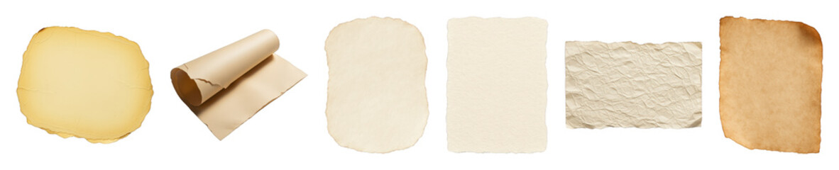 Aged paper set including crumpled, rolled, vintage, and burnt texture sheets isolated. Retro graphic design elements.