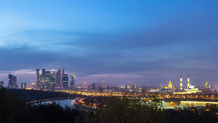 Panoramic aerial view of Moscow City, Russia, from Sparrow Hills day to night timelapse