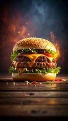 Juicy cheeseburger with flames in the background