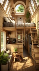 Compact living: An inviting tiny home interior with natural light and efficient design elements