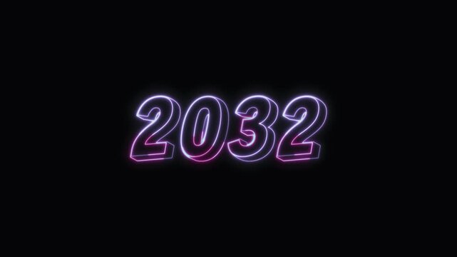  2032 New Year Text Neon Seamless Loop 4K Glowing Typography Animation for VFX and Video Editing
