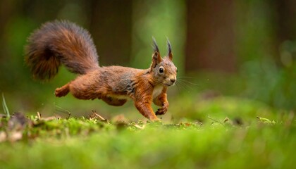 Red Squirrel Running Through Mossy Forest Floor.