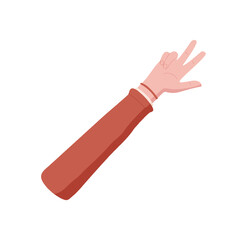 Flat hand gesture showing number three. Human palm with three fingers up forming the count of 3. Bare hand with sleeve isolated on white background. Simple and basic style, educational and