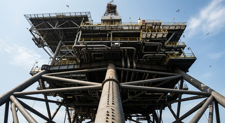 A low-angle view of a massive offshore oil rig. A striking low-angle perspective shot of a large offshore oil rig, showing its intricate and complex structure reaching toward the sky