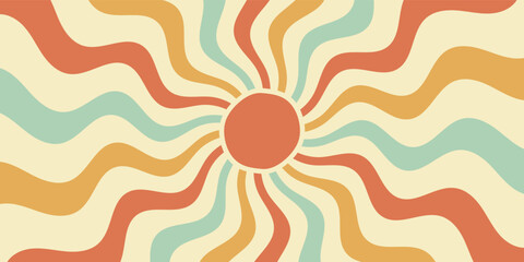 Groovy retro sun burst with sunshine in flat, wavy shapes. Background in orange and yellow, burst and y2k style give a playful look. Horizontal format for cool wallpaper.