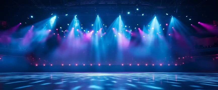 A stage with blue lights and a white floor. The stage is empty