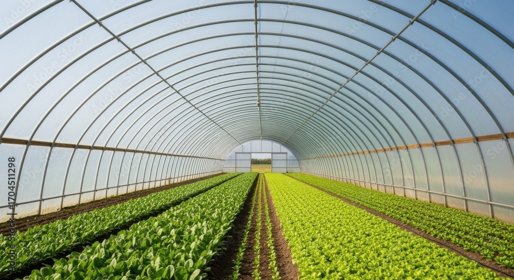 Poster medium shot of a tunnel polyhouse structure sheltering rows of healthy green crops showcasing effici