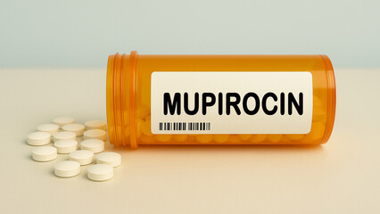 Box of MUPIROCIN tablets on a hospital pharmacy table used to treat skin infections an...