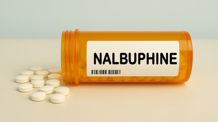 Box of NALBUPHINE tablets on a hospital pharmacy table used to treat moderate to severe pain an...