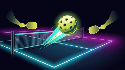 Vibrant Neon Pickleball Court Illustration with Glowing Paddles, Dynamic Ball Action, and Modern Futuristic Sports Design