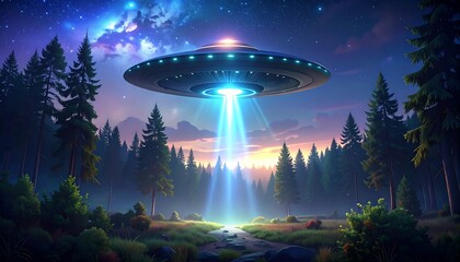 UFO over a serene forest at dawn