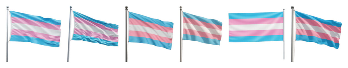 Fototapeta premium Transgender flag set including unfurled, waving, and static variations isolated. LGBTQ+ pride, diversity, and identity symbols.