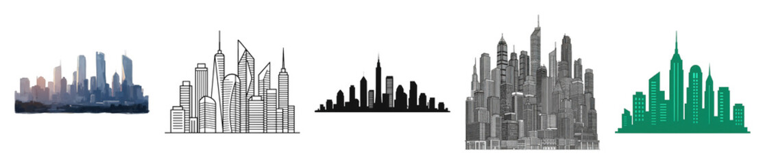Cityscape set including stylized, outline, silhouette, detailed, and vector illustrations isolated. Urban design and graphic elements.