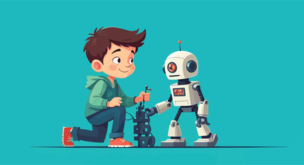 A young boy carefully assembles his small robot friend.