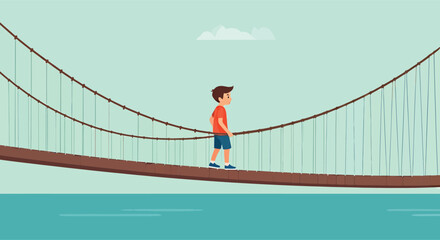 A young boy carefully walks across a long suspension bridge.