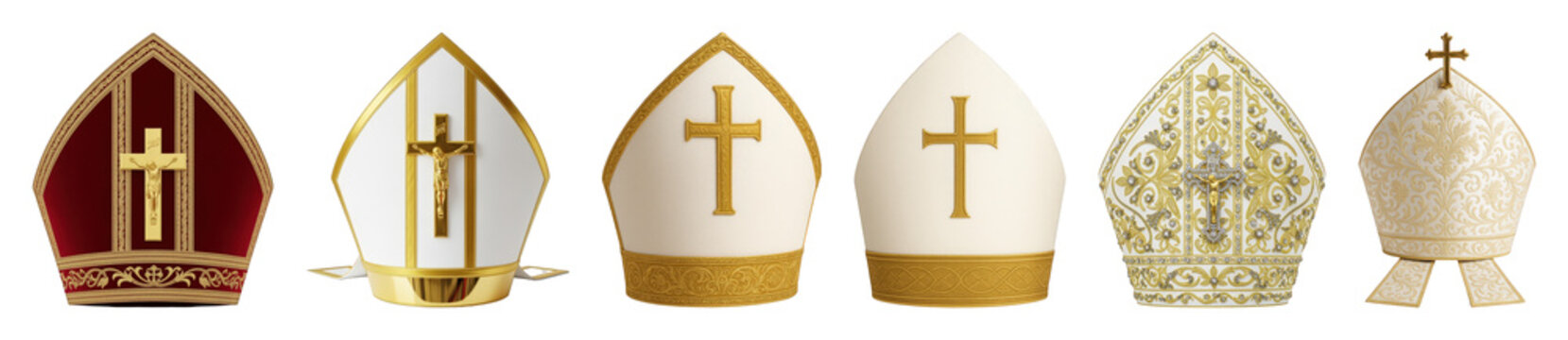 Episcopal mitre set including ornate, simple, and traditional designs isolated. Christian vestments and ceremonial headwear collection.