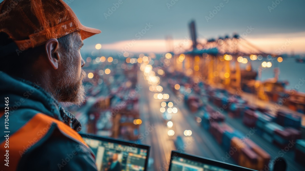 Poster close medium shot of a logistics expert checking electronic customs declarations contrasted by a sof