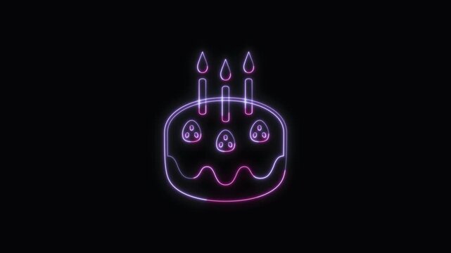  Birthday Cake Icon Neon Seamless Loop 4K with Black Background Animated Promotional Typography for Video Editing