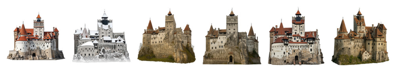 Historic castle set including various architectural details and seasonal views isolated. European travel and landmark collection.