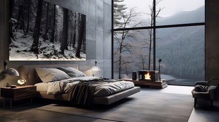 Contemporary bedroom with forest view and winter art piece creating a serene ambiance