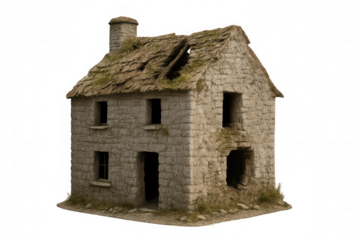 Deserted stone cottage featuring a decaying thatched roof and broken windows, isolated on a transparent background, evoking a sense of abandonment and rural decay