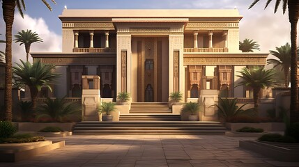 Obraz premium Elegant architectural design exhibiting ancient Egyptian influences and a tranquil courtyard setting