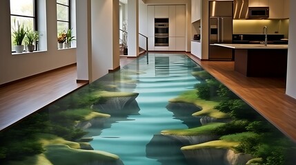 Luxurious home interior with stunning 3D epoxy resin flooring creates an immersive watery landscape
