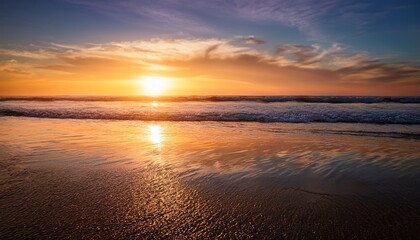 Obraz premium Golden Hour Reflection On Calm Ocean Serene Sunset Beachscape With Rippling Water