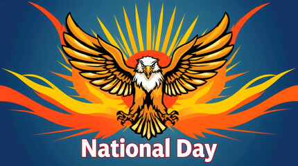 Obraz premium Powerful Bald Eagle Soaring, Fiery Sunburst Design, Patriotism Graphic, National Celebration Illustration