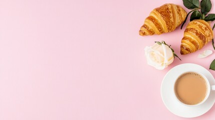 Coffee croissants and rose on pink background