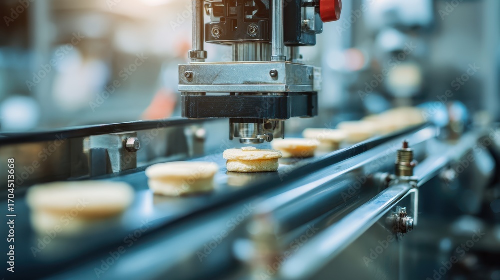 Poster closeup medium shot of robotic system sorting various components on a conveyor focus on gripper mech