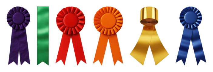 Award ribbons set including colorful rosette badges, green fabric ribbon, and coiled gold metallic ribbon isolated. Success and achievement symbols.