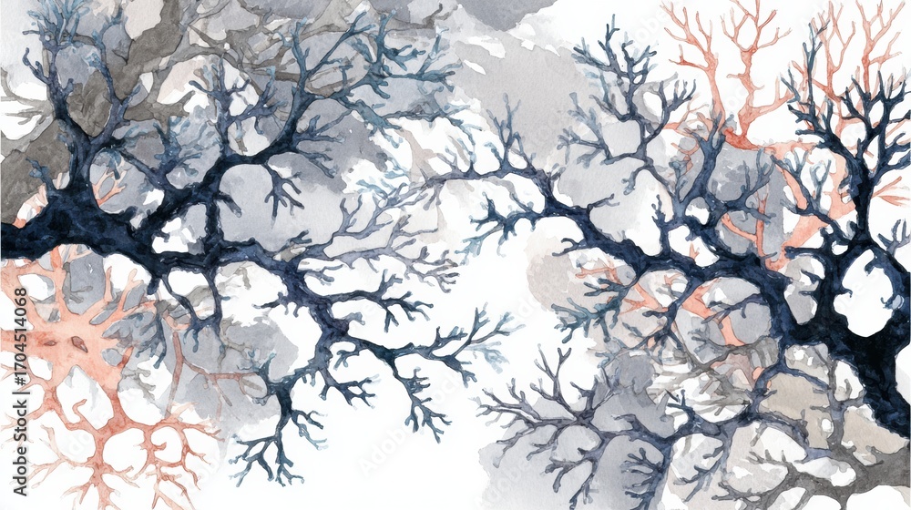 Poster abstract watercolor artwork depicting intricate tree branches intertwined in soft grays and subtle r