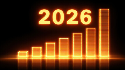 2026 represents glowing bar graph indicating growth and progress, symbolizing future success and development in various sectors. vibrant orange color adds sense of optimism and energy