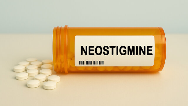 Box of NEOSTIGMINE tablets on a hospital pharmacy table used to treat myasthenia gravis a cholinesterase inhibitor.
