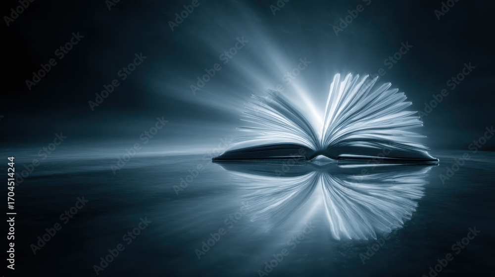 Poster open book emits soft glow, casting reflections on dark surface. light creates ethereal atmosphere, s