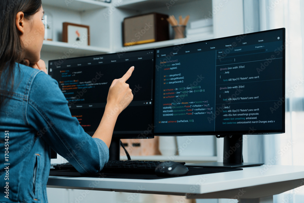 Poster young asian girl of it developer pointing online information on pc with coding program data applicat